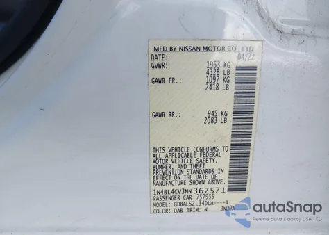 2022 Nissan Altima Sr Fwd from USA, damaged, VIN 1N4BL4CV3NN367571